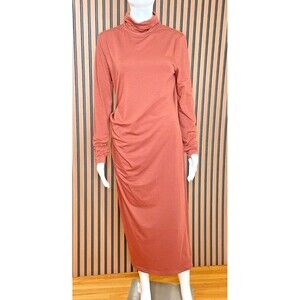 Athleta Industry Women's Dress Midi Bodycon Turtleneck Stretch Ruched M Brown